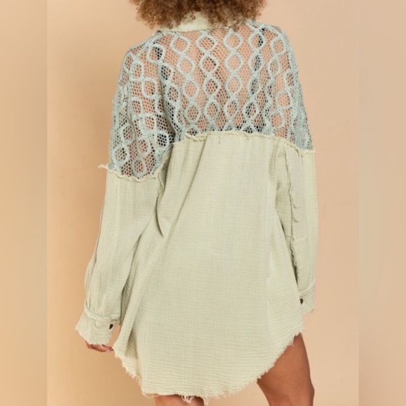 POL Stylish Matcha Green Lace Crochet Overlay Shirt - Perfect for Layering - Picture 3 of 7